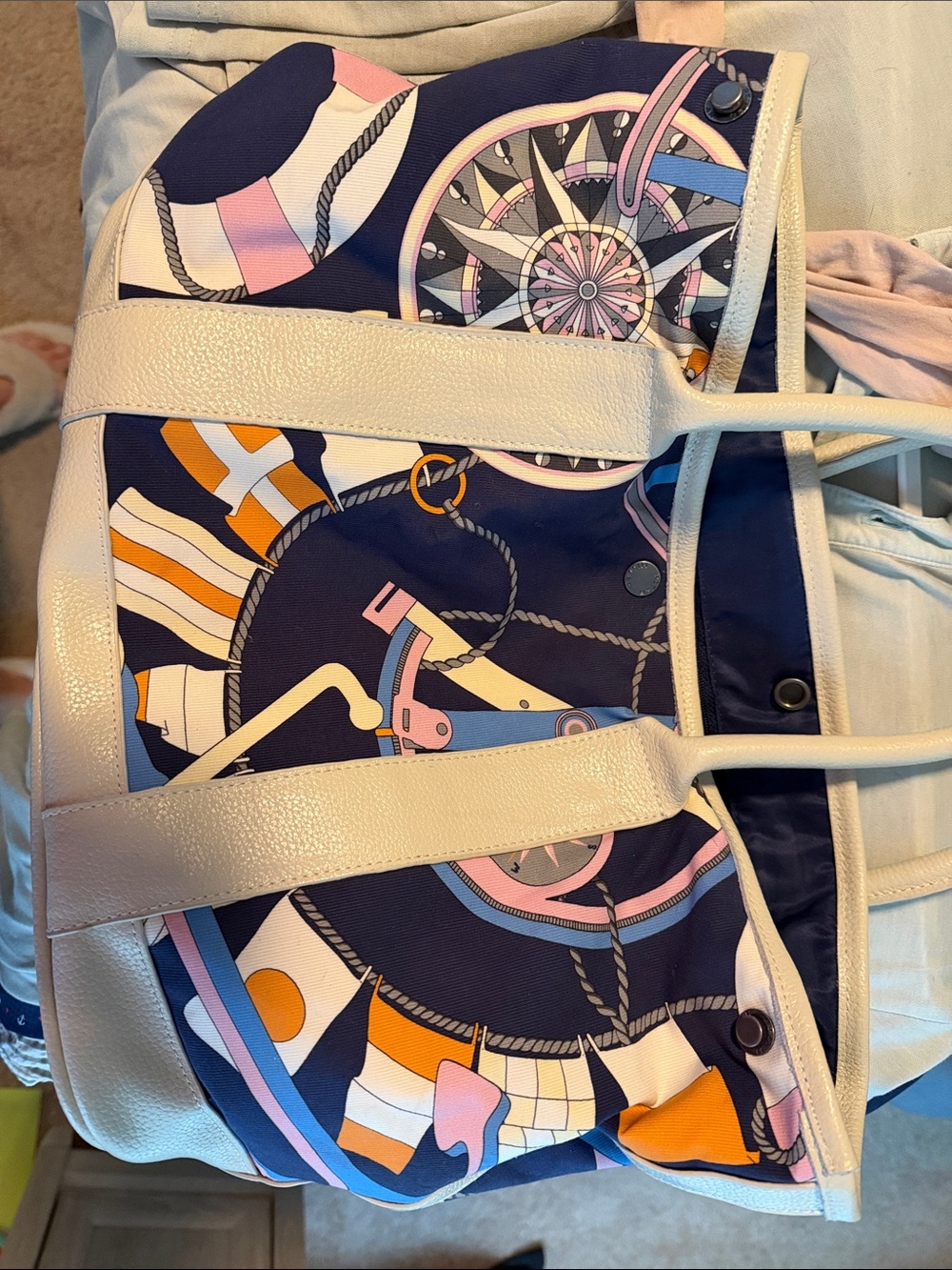 Peter Millar Navy, Pink, Orange and White Nautical Print Tote